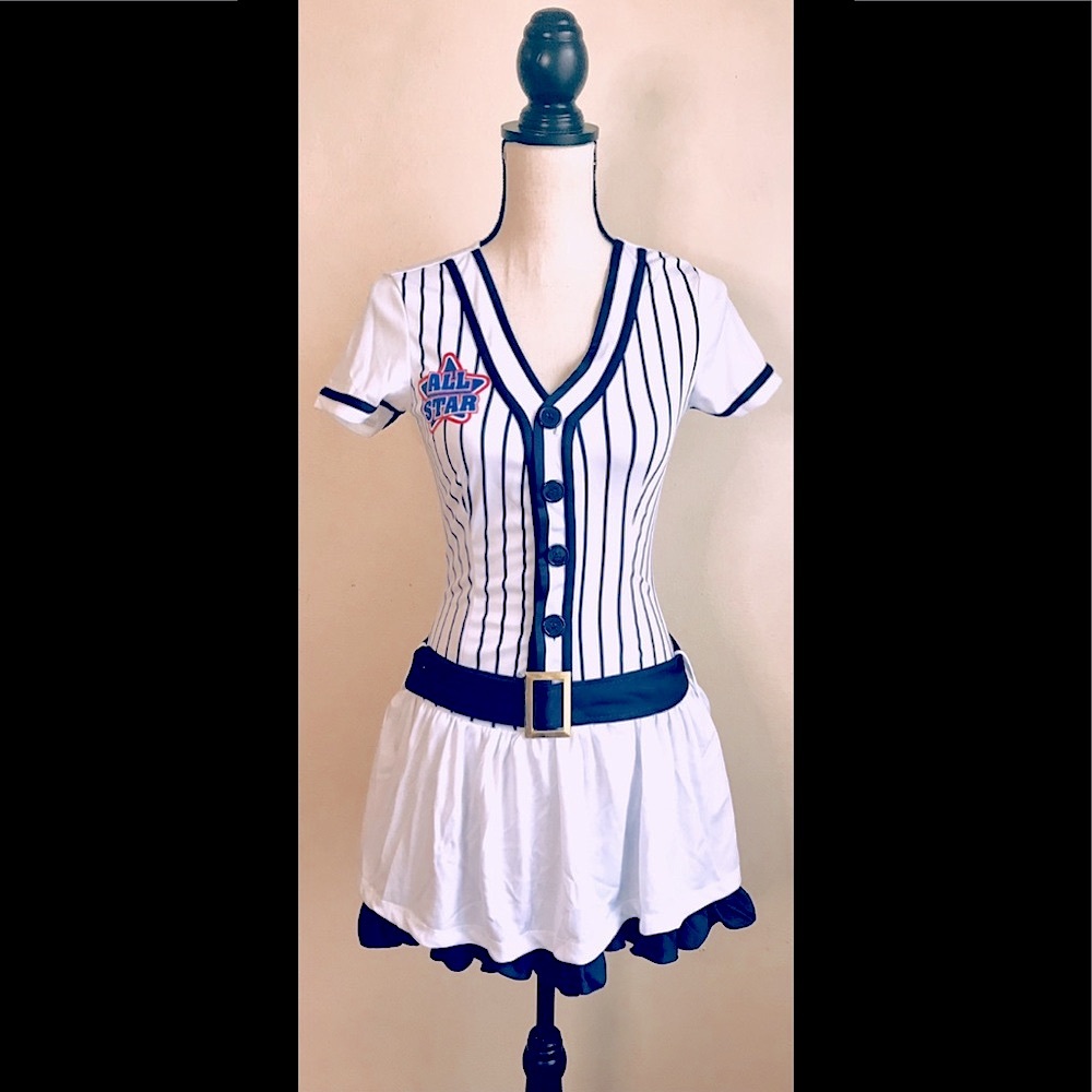 Baseball Player Uniform Costume by AllStar: Dress, Ball Cap, Belt, Ribbons,Sz. L